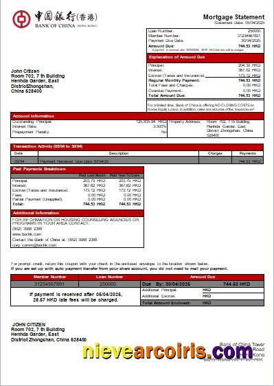 Hong Kong Bank of China bank mortgage statement